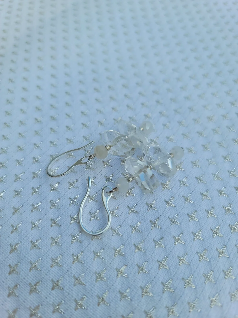Handmade Clear Crystal & White Faceted Bead Dangle Earrings Silver Hooks Bridal